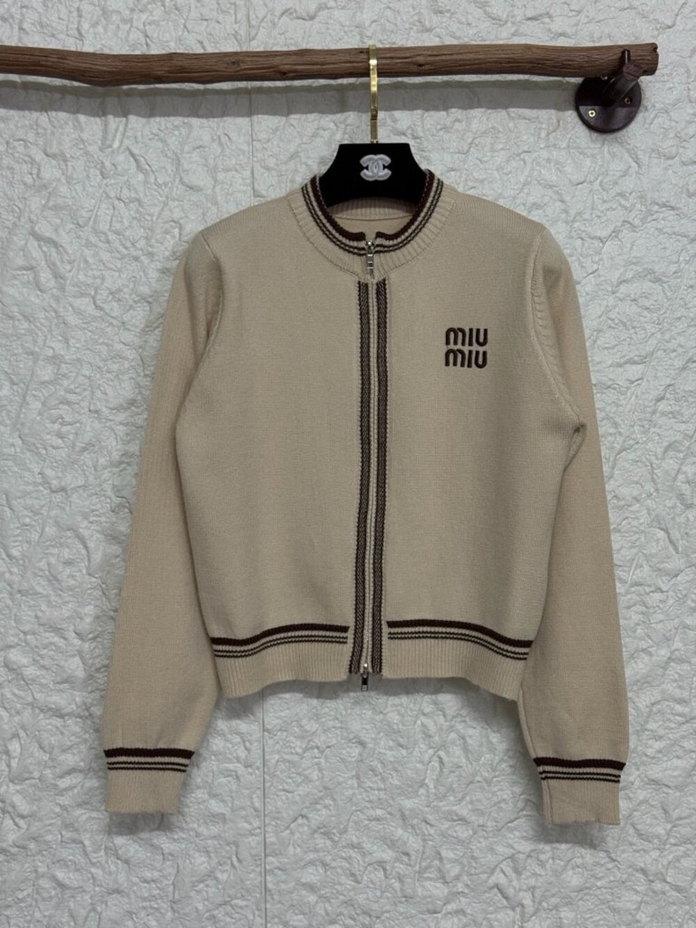 Knit Cardigan with Double Zipper & Embroidered Letter Logo Detail Size S
